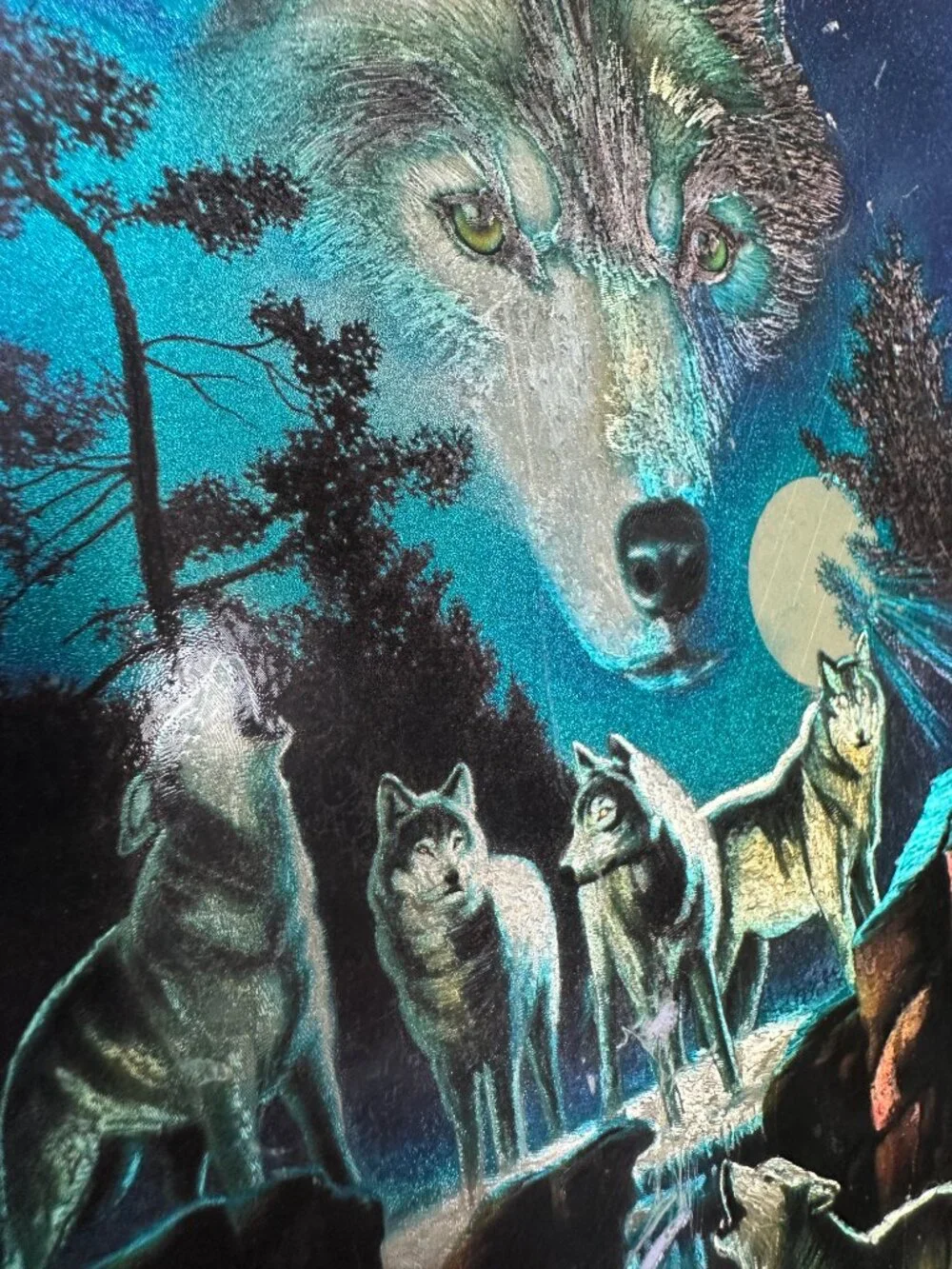 VTG Holographic Foil Howling Wolves Moon Wood Jewelry Souvenir Box Port Aransas